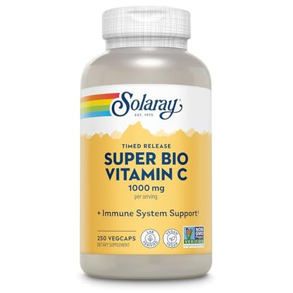 SOLARAY Super Bio Vitamin C 1000mg, Buffered, Two-Stage Timed Release with Bioflavonoids, Immune Support Supplement, High Absorption, Vegan, 60-Day Guarantee – 250 VegCaps