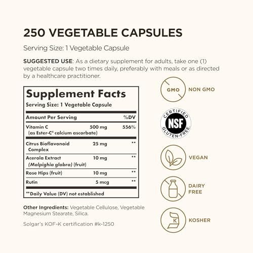 Solgar Ester-C Plus 500 mg Vitamin C (Ascorbate Complex), 250 Vegetable Capsules - Gentle & Non Acidic - Antioxidant & Immune Support - Non GMO, Vegan, Gluten Free, Kosher - 250 Servings - görsel 4