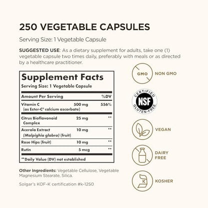 Solgar Ester-C Plus 500 mg Vitamin C (Ascorbate Complex), 250 Vegetable Capsules - Gentle & Non Acidic - Antioxidant & Immune Support - Non GMO, Vegan, Gluten Free, Kosher - 250 Servings