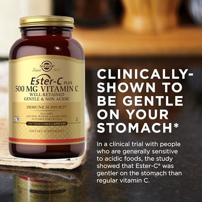 Solgar Ester-C Plus 500 mg Vitamin C (Ascorbate Complex), 250 Vegetable Capsules - Gentle & Non Acidic - Antioxidant & Immune Support - Non GMO, Vegan, Gluten Free, Kosher - 250 Servings