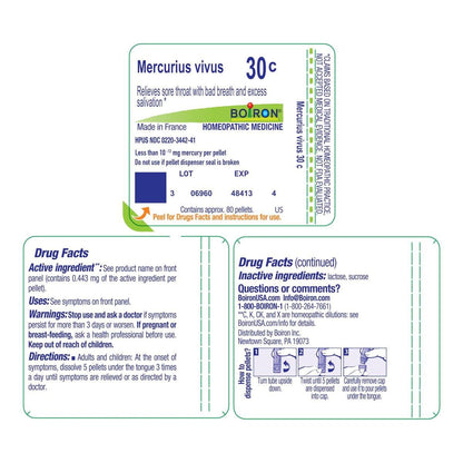 Boiron Mercurius Vivus 30C Homeopathic Medicine for Sore Throat with Bad Breath and Excess Salivation - 80 Pellets