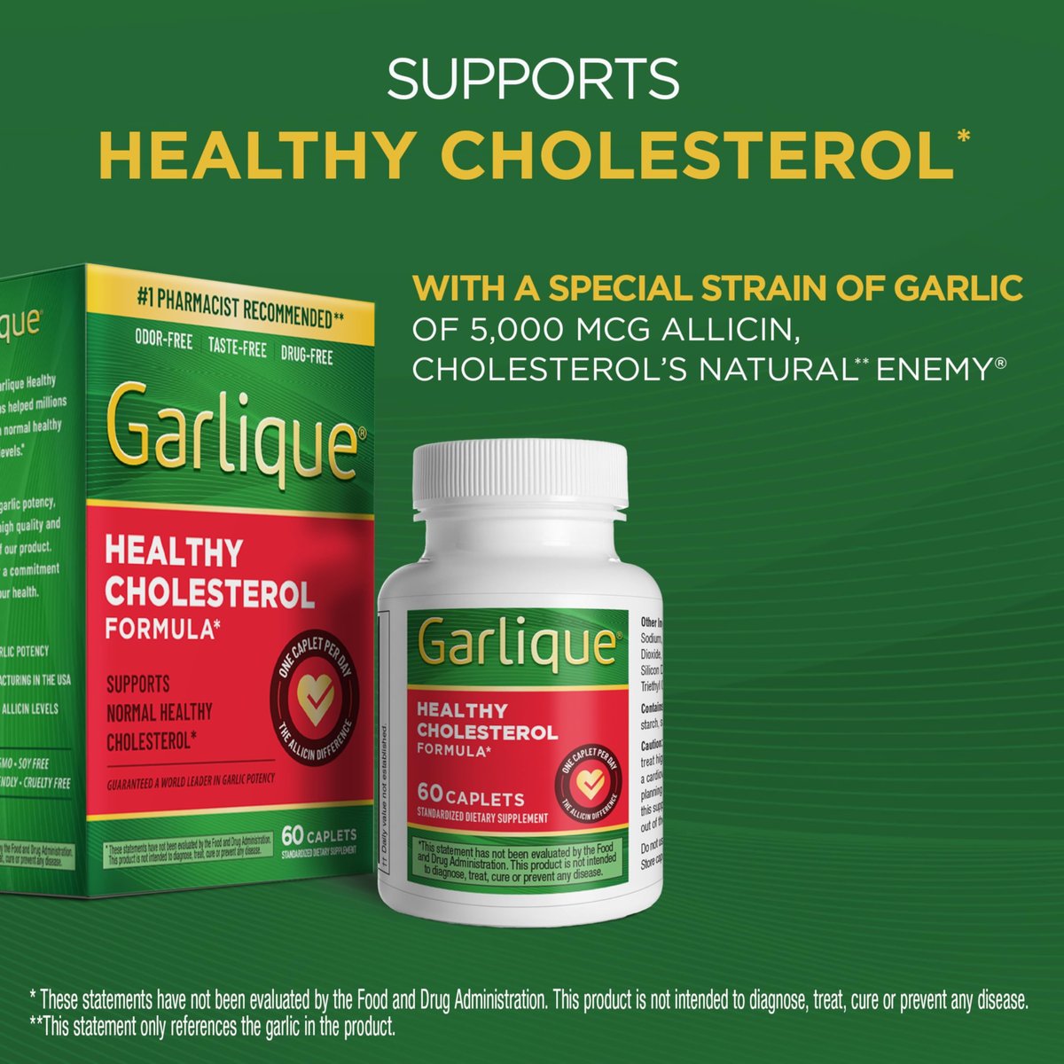 Garlique Garlic Extract Supplement, Healthy Cholesterol Formula, Odorless & Vegan, 60 Caplets - görsel 5