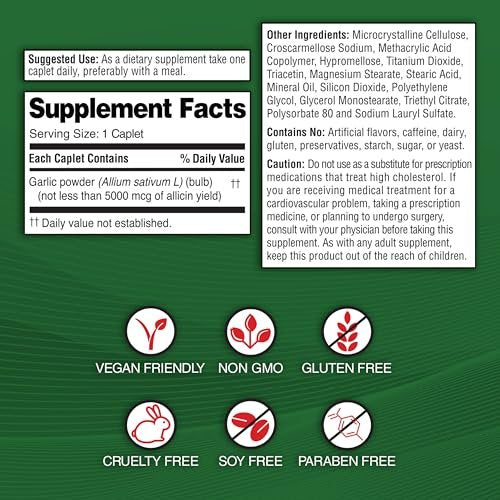 Garlique Garlic Extract Supplement, Healthy Cholesterol Formula, Odorless & Vegan, 60 Caplets - görsel 4