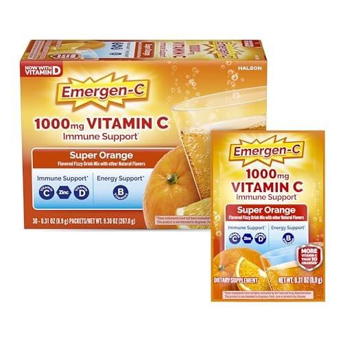 Emergen-C 1000mg Vitamin C Powder for Daily Immune Support Caffeine Free Vitamin C Supplements with Zinc and Manganese, B Vitamins and Electrolytes, Super Orange Flavor - 30 Count