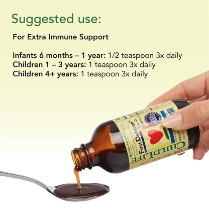 CHILDLIFE ESSENTIALS First Defense - Kids Immune Support, Immune Support for Kids, Toddlers 1-3, Babies 6 Months+, Vitamin Syrup with Elderberry, Zinc, Non GMO, Gluten Free - 4 Fl Oz (Pack of 1)