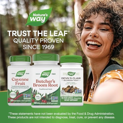 Nature's Way Butcher’s Broom, Traditional Herb, 720 mg per 2-Capsule Serving, Non-GMO Project Verified, 100 Vegan Capsules (Packaging May Vary)