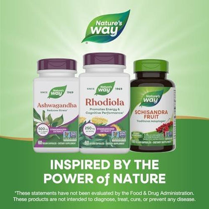 Nature's Way Rhodiola Premium Extract, 250 mg per Serving, Supports Energy & Cognitive Performance*, Adaptogenic Herb*, Non-GMO Project Verified, Vegan, Gluten Free, 60 Capsules (Packaging May Vary)