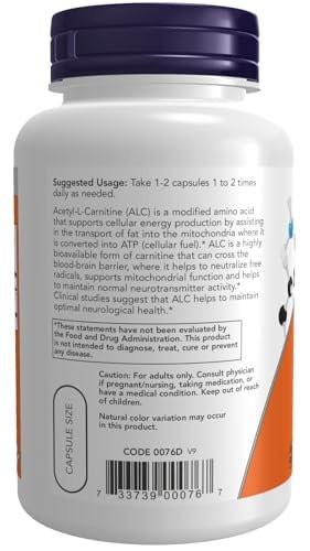 NOW Foods Acetyl L-Carnitine 500 mg, 100 Capsules - Amino Acid Supplement - görsel 4
