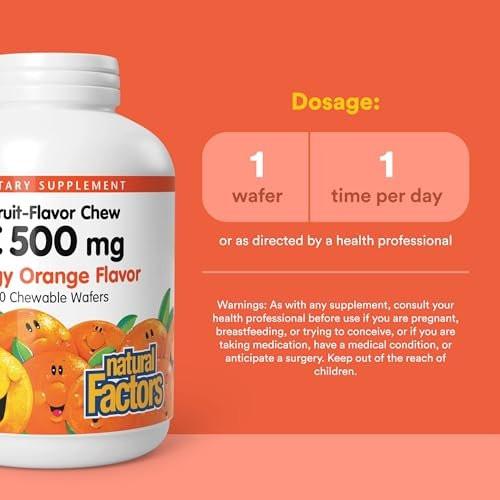 Natural Factors, Vitamin C 500 mg, Kids Chewable to Support Healthy Bones and Teeth, Tangy Orange, Vegan, Non-GMO, 90 wafers (90 servings) - görsel 6