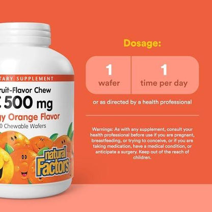Natural Factors, Vitamin C 500 mg, Kids Chewable to Support Healthy Bones and Teeth, Tangy Orange, Vegan, Non-GMO, 90 wafers (90 servings)