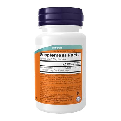 NOW Foods Supplements, Zinc Picolinate 50 mg, Supports Enzyme Functions*, Immune Support*, 60 Veg Capsules
