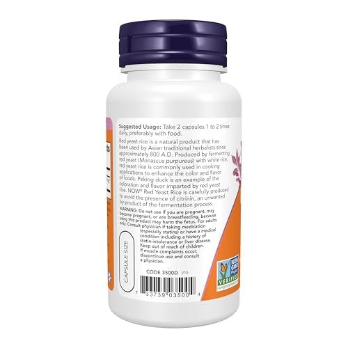 NOW Foods Supplements, Red Yeast Rice 600 mg, Made with Organic Red Yeast Rice, 60 Veg Capsules - görsel 2