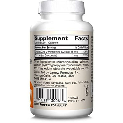 Jarrow Formulas Zinc Balance 15 mg - 100 Servings (Veggie Caps) - Zinc with Copper - Essential Minerals for Immune System Support - Immune Support Supplement - Gluten Free Copper Supplement, Vegan