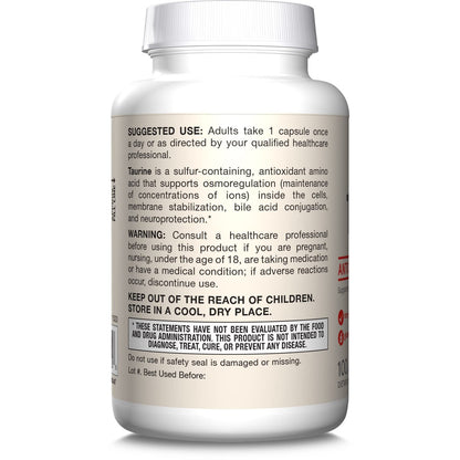 Jarrow Formulas® Taurine 1000 mg, Dietary Supplement, Amino Acid Supplement for Brain Health Support, 100 Capsules, 100 Day Supply