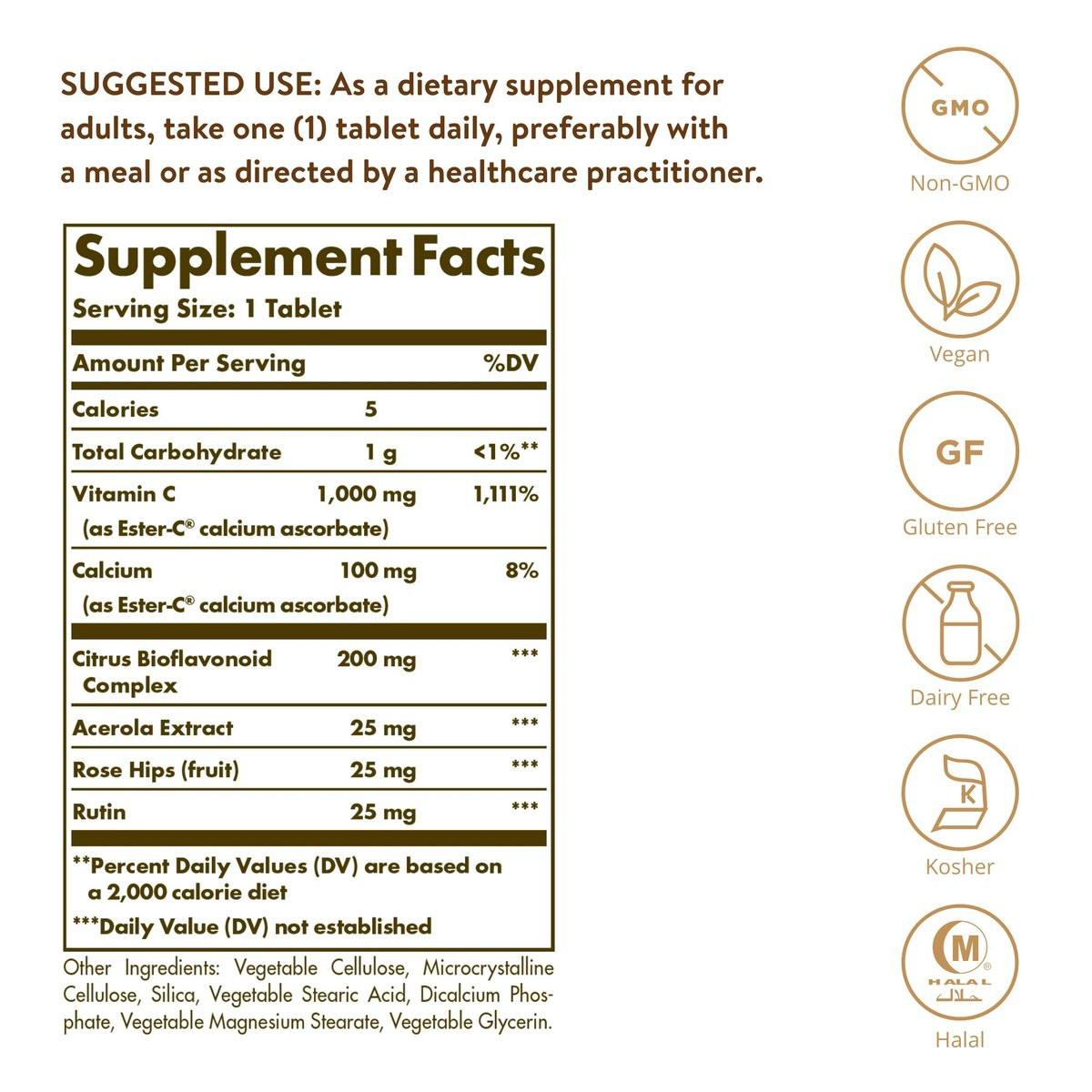 Solgar Ester-C Plus 1000 mg Vitamin C (Ascorbate Complex), 60 Tablets - Gentle On The Stomach & Non Acidic - Antioxidant & Immune System Support - Non GMO, Vegan, Gluten-Free, Kosher - 60 Servings - görsel 3