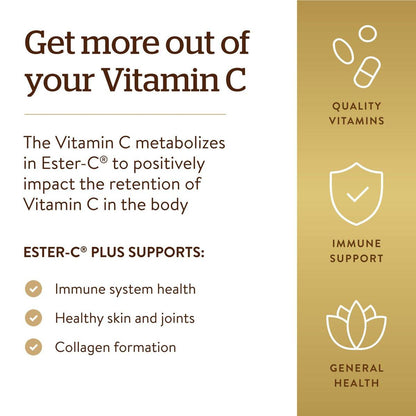 Solgar Ester-C Plus 1000 mg Vitamin C (Ascorbate Complex), 60 Tablets - Gentle On The Stomach & Non Acidic - Antioxidant & Immune System Support - Non GMO, Vegan, Gluten-Free, Kosher - 60 Servings