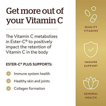Solgar Ester-C Plus 1000 mg Vitamin C (Ascorbate Complex), 60 Tablets - Gentle On The Stomach & Non Acidic - Antioxidant & Immune System Support - Non GMO, Vegan, Gluten-Free, Kosher - 60 Servings
