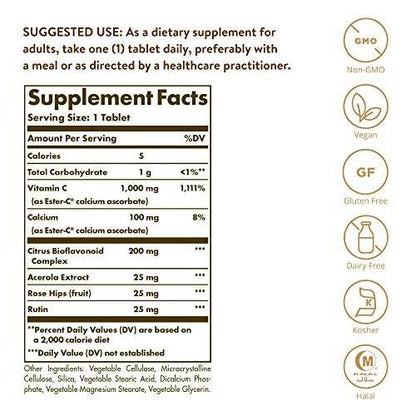 Solgar Ester-C Plus 1000 mg Vitamin C (Ascorbate Complex), 60 Tablets - Gentle On The Stomach & Non Acidic - Antioxidant & Immune System Support - Non GMO, Vegan, Gluten-Free, Kosher - 60 Servings