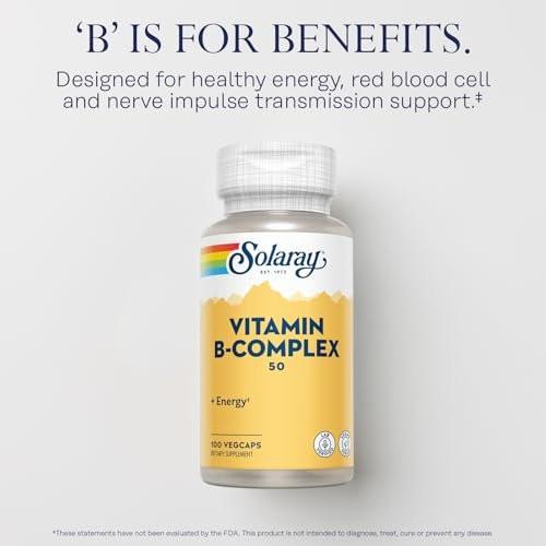 SOLARAY Vitamin B Complex 50 mg - Cellular Energy Vitamins - Metabolism and Nerve Health Support with Vitamin B12, Vitamin B1, B6, Niacin, Folic Acid, Biotin and Other B Vitamins - Vegan, 100 VegCaps - görsel 2