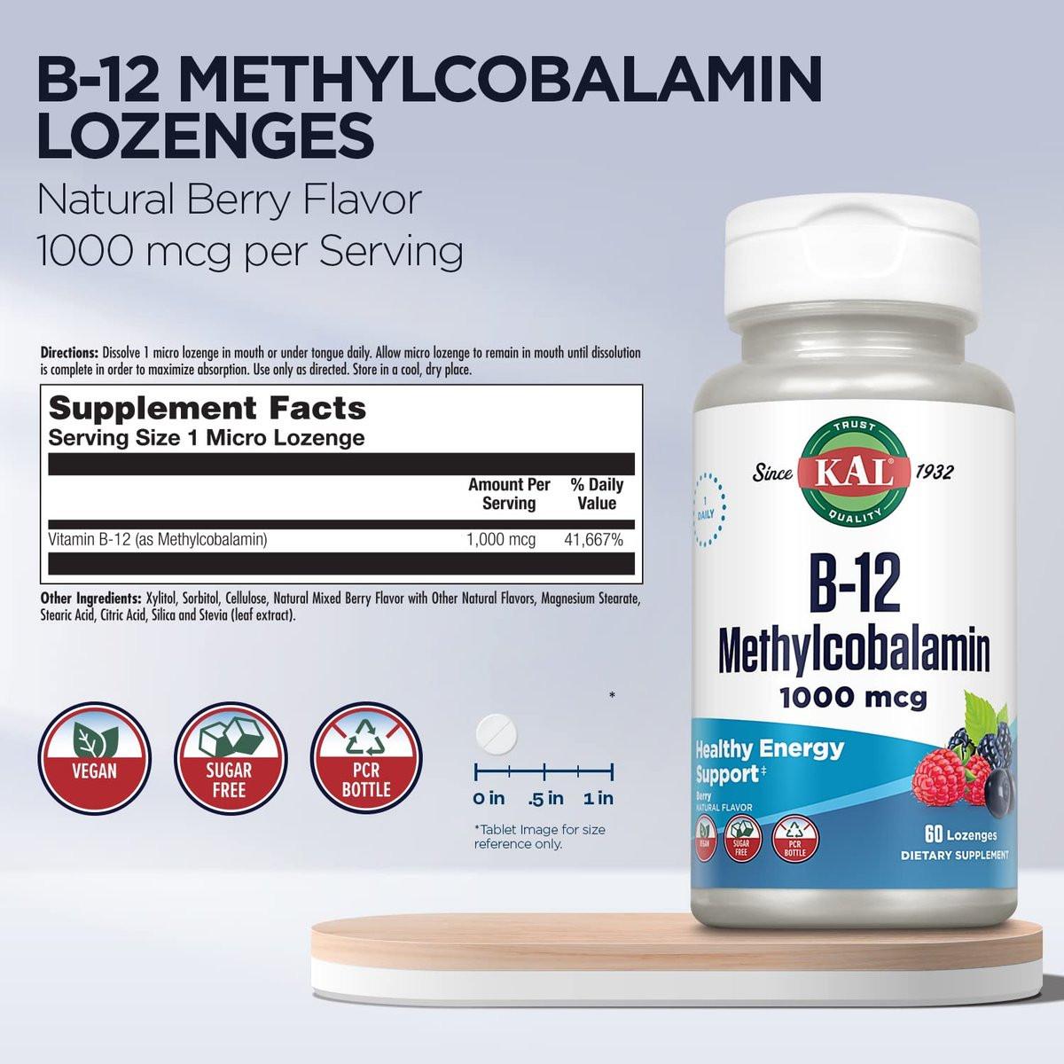 KAL Vitamin B-12 Methylcobalamin Lozenges 1000mcg, Healthy Energy, Metabolism, Nerve & Red Blood Cell Support, Optimal Absorption, Natural Berry Flavor, Vegan, Sugar Free, 60 Servings, 60 Lozenges - görsel 5