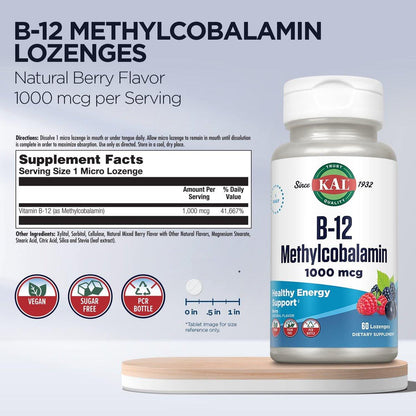 KAL Vitamin B-12 Methylcobalamin Lozenges 1000mcg, Healthy Energy, Metabolism, Nerve & Red Blood Cell Support, Optimal Absorption, Natural Berry Flavor, Vegan, Sugar Free, 60 Servings, 60 Lozenges