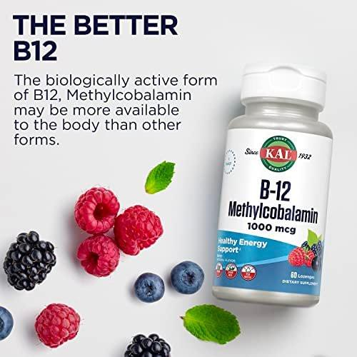 KAL Vitamin B-12 Methylcobalamin Lozenges 1000mcg, Healthy Energy, Metabolism, Nerve & Red Blood Cell Support, Optimal Absorption, Natural Berry Flavor, Vegan, Sugar Free, 60 Servings, 60 Lozenges - görsel 12