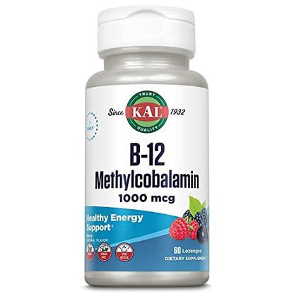 KAL Vitamin B-12 Methylcobalamin Lozenges 1000mcg, Healthy Energy, Metabolism, Nerve & Red Blood Cell Support, Optimal Absorption, Natural Berry Flavor, Vegan, Sugar Free, 60 Servings, 60 Lozenges