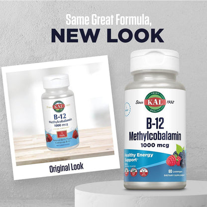 KAL Vitamin B-12 Methylcobalamin Lozenges 1000mcg, Healthy Energy, Metabolism, Nerve & Red Blood Cell Support, Optimal Absorption, Natural Berry Flavor, Vegan, Sugar Free, 60 Servings, 60 Lozenges