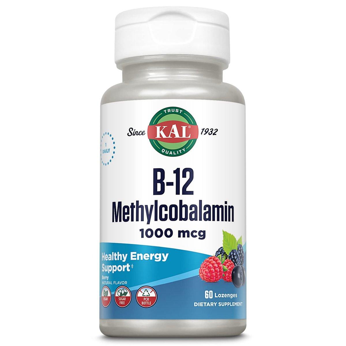 KAL Vitamin B-12 Methylcobalamin Lozenges 1000mcg, Healthy Energy, Metabolism, Nerve & Red Blood Cell Support, Optimal Absorption, Natural Berry Flavor, Vegan, Sugar Free, 60 Servings, 60 Lozenges - görsel 1