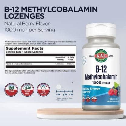 KAL Vitamin B-12 Methylcobalamin Lozenges 1000mcg, Healthy Energy, Metabolism, Nerve & Red Blood Cell Support, Optimal Absorption, Natural Berry Flavor, Vegan, Sugar Free, 60 Servings, 60 Lozenges