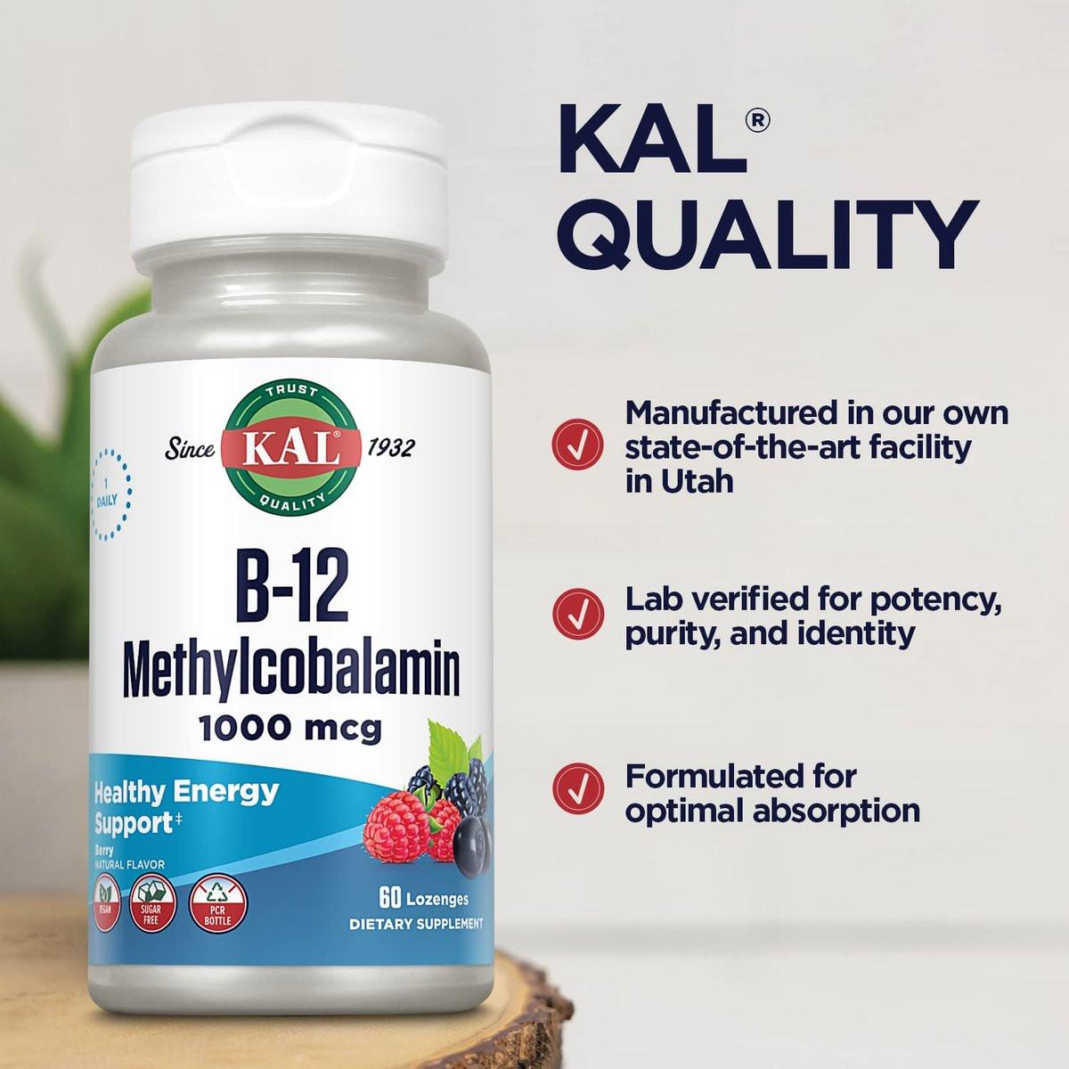 KAL Vitamin B-12 Methylcobalamin Lozenges 1000mcg, Healthy Energy, Metabolism, Nerve & Red Blood Cell Support, Optimal Absorption, Natural Berry Flavor, Vegan, Sugar Free, 60 Servings, 60 Lozenges - görsel 9