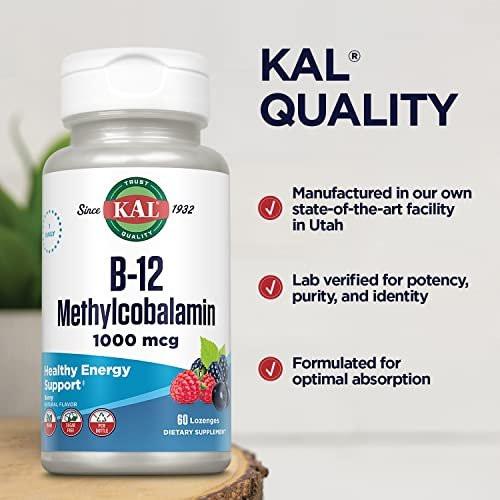 KAL Vitamin B-12 Methylcobalamin Lozenges 1000mcg, Healthy Energy, Metabolism, Nerve & Red Blood Cell Support, Optimal Absorption, Natural Berry Flavor, Vegan, Sugar Free, 60 Servings, 60 Lozenges - görsel 10