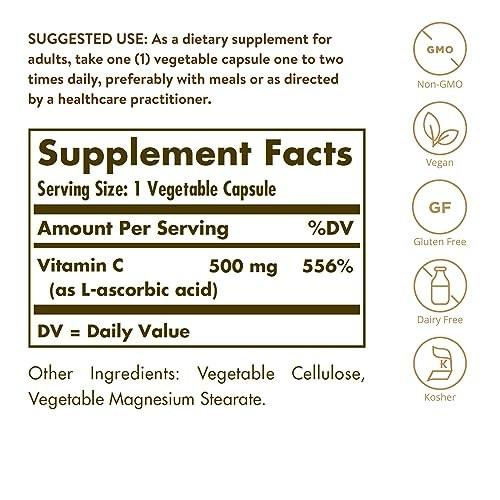 Solgar Vitamin C 500 mg, 100 Vegetable Capsules - Antioxidant & Immune Support - Overall Health - Supports Healthy Skin & Joints - Non GMO, Vegan, Gluten Free, Kosher - 100 Servings - görsel 4
