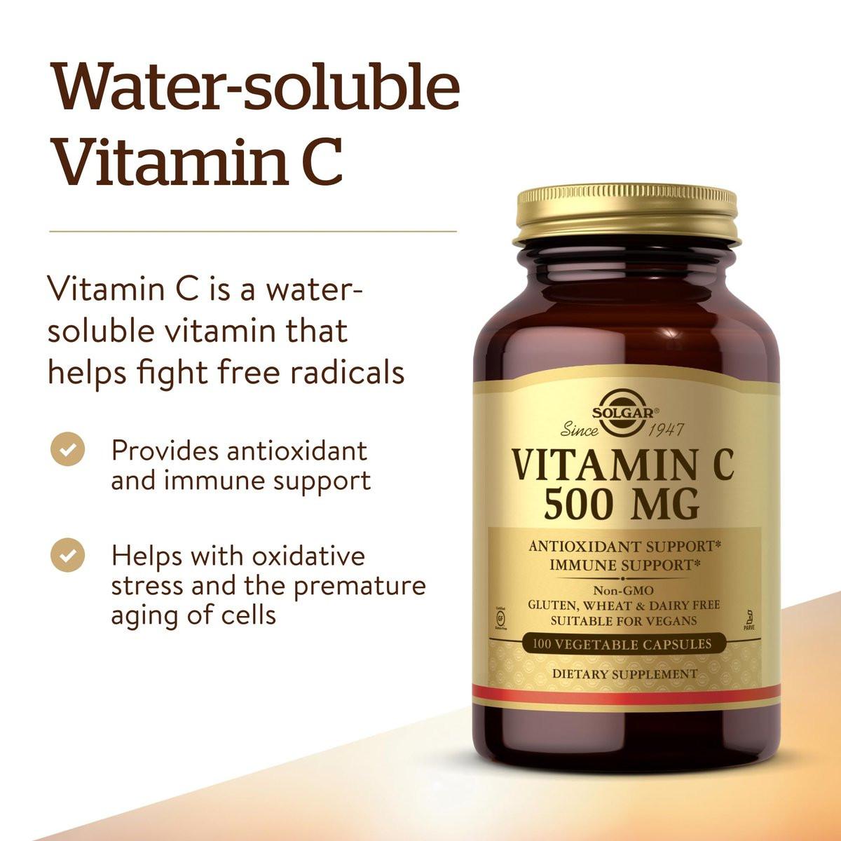 Solgar Vitamin C 500 mg, 100 Vegetable Capsules - Antioxidant & Immune Support - Overall Health - Supports Healthy Skin & Joints - Non GMO, Vegan, Gluten Free, Kosher - 100 Servings - görsel 5