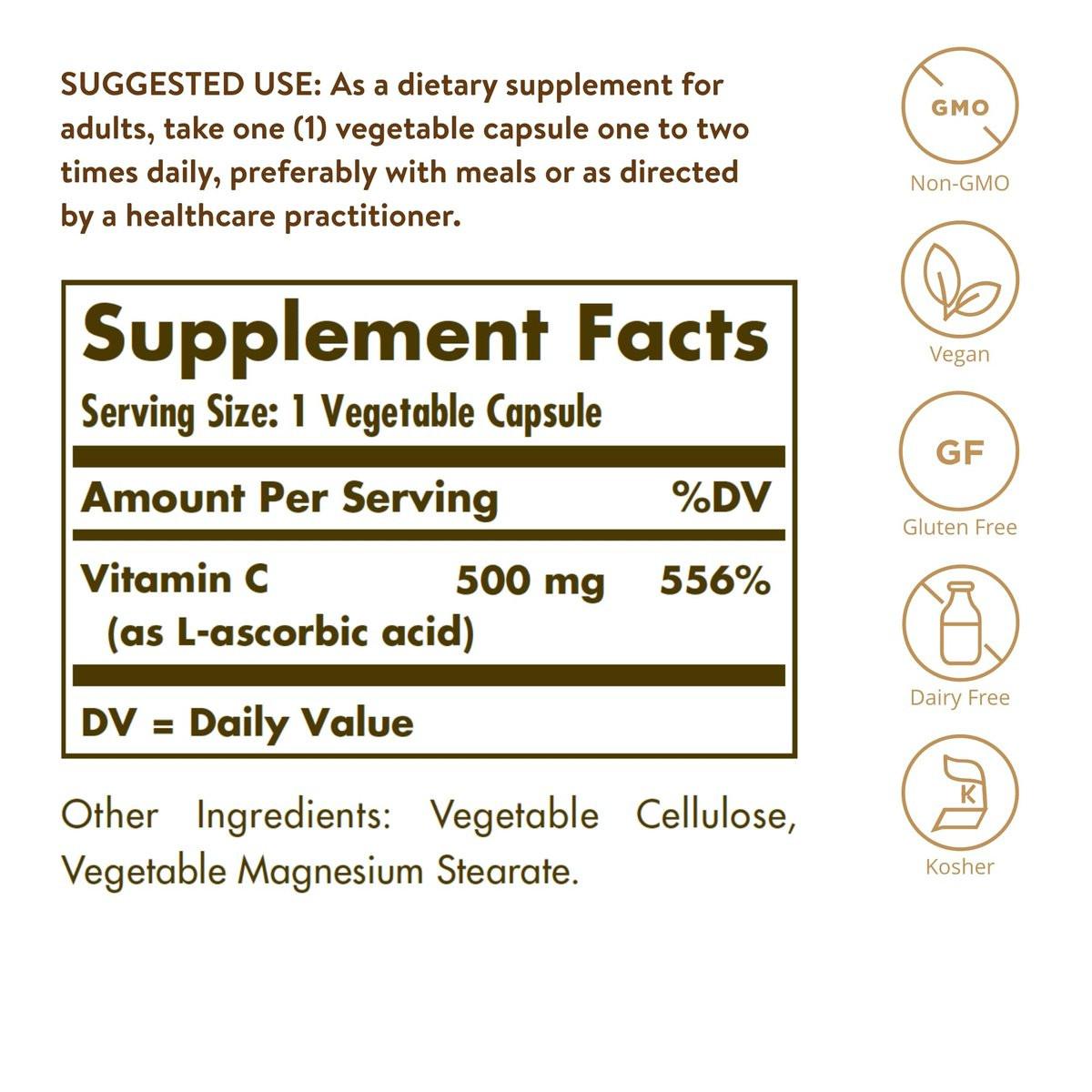 Solgar Vitamin C 500 mg, 100 Vegetable Capsules - Antioxidant & Immune Support - Overall Health - Supports Healthy Skin & Joints - Non GMO, Vegan, Gluten Free, Kosher - 100 Servings - görsel 3