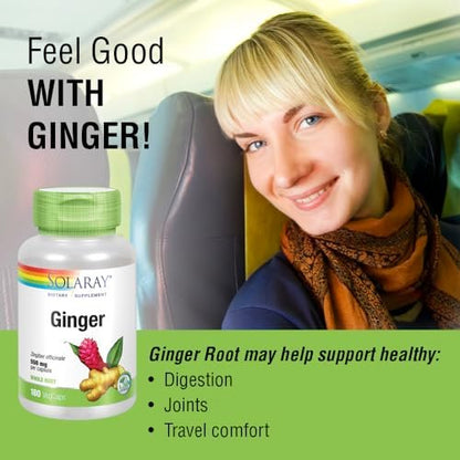 SOLARAY Ginger Root Capsules for Men & Women - Ginger Supplement for Digestive Health Support, 1100 mg per Serving, Motion & Stomach Discomfort Support, Vegan Herb, Sun Grown, Whole Root- 180 Veg Caps