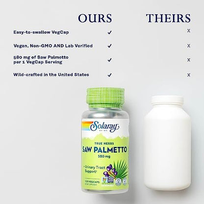 SOLARAY Saw Palmetto Berry 580 mg - Healthy Prostate and Urinary Tract Support from Fatty Acids & Plant Sterols for Men and Women, Non-GMO, Vegan & Lab Verified, 100 VegCaps
