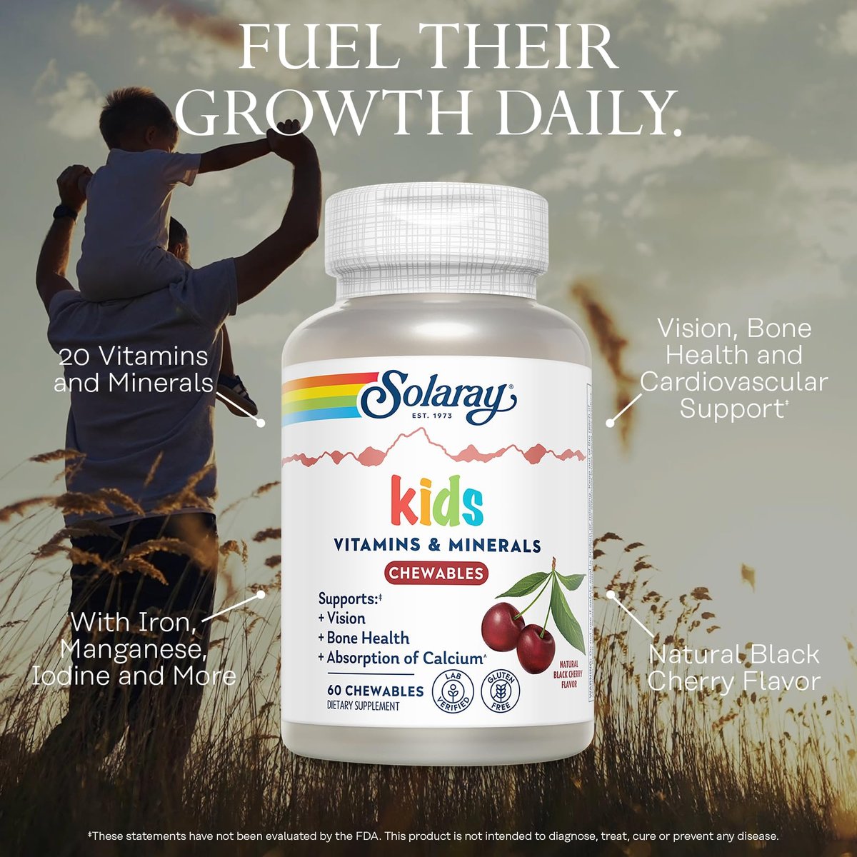 SOLARAY Childrens Vitamins & Minerals Complete Multivitamin for Kids Great Black Cherry Flavor (60 Chews, 30 Serv) - görsel 6