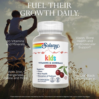 SOLARAY Childrens Vitamins & Minerals Complete Multivitamin for Kids Great Black Cherry Flavor (60 Chews, 30 Serv)