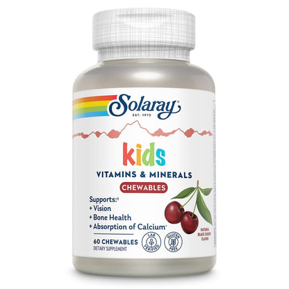 SOLARAY Childrens Vitamins & Minerals Complete Multivitamin for Kids Great Black Cherry Flavor (60 Chews, 30 Serv)