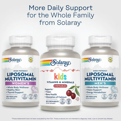 SOLARAY Childrens Vitamins & Minerals Complete Multivitamin for Kids Great Black Cherry Flavor (60 Chews, 30 Serv)