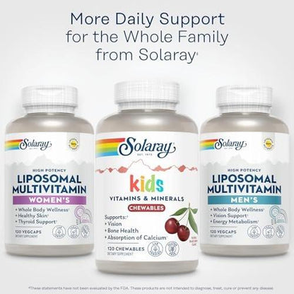 SOLARAY Kid's Vitamins & Minerals, Multivitamin for Kids - Bones, Vision, Heart Health Support w/Vitamin C, Vitamin D and B2, Iron - Gluten Free, 120 Black Cherry Chewables, 60 Servings