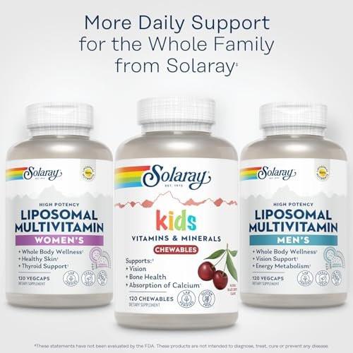SOLARAY Kid's Vitamins & Minerals, Multivitamin for Kids - Bones, Vision, Heart Health Support w/Vitamin C, Vitamin D and B2, Iron - Gluten Free, 120 Black Cherry Chewables, 60 Servings - görsel 5