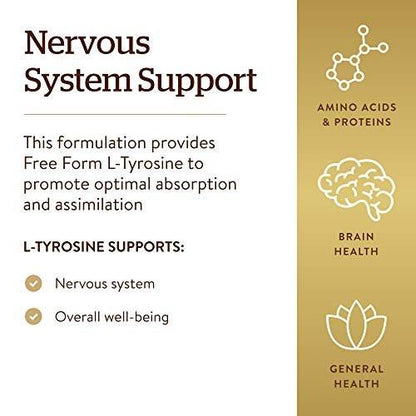 Solgar L-Tyrosine 500 mg, 100 Vegetable Capsules - Brain & Nervous System Support - Vegan, Gluten Free, Dairy Free, Kosher - 100 Servings, Standard Packaging