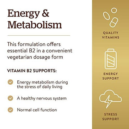Solgar Vitamin B2 (Riboflavin) 100mg, 100 Vegetable Capsules - Energy Metabolism, Healthy Nervous System - Non-GMO, Vegan, Gluten Free, Dairy Free, Kosher - 100 Servings