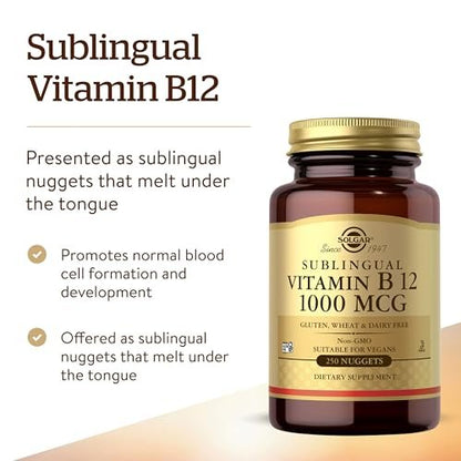 Solgar Vitamin B12 1000 mcg, 250 Nuggets - Supports Production of Energy, Red Blood Cells - Healthy Nervous System - Promotes Cardiovascular Health - Vitamin B - Non-GMO, Gluten Free - 250 Servings