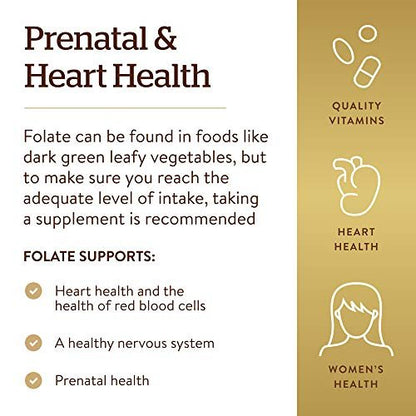 Solgar Folate 1,333 MCG Dietary Folate Equivalent (800 mcg Folic Acid), 250 Tablets - Heart Health, Healthy Nervous System, Prenatal Support - Non-GMO, Vegan, Gluten Free, Dairy Free - 250 Servings
