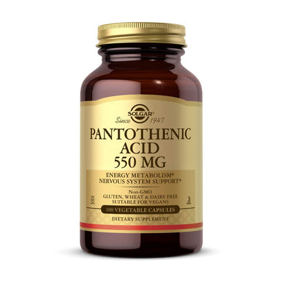 Solgar Pantothenic Acid 550 mg Vegetable Capsules - Vitamin B5 for Energy Metabolism & Nervous System Support - Gluten Free, Dairy Free, Kosher - 100 Count