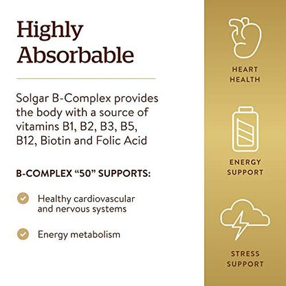 Solgar B-Complex “50”, 250 Vegetable Capsules - Energy Metabolism, Cardiovascular Support, Nervous System Support - Non-GMO, Vegan, Gluten Free, Dairy Free, Kosher - 250 Servings