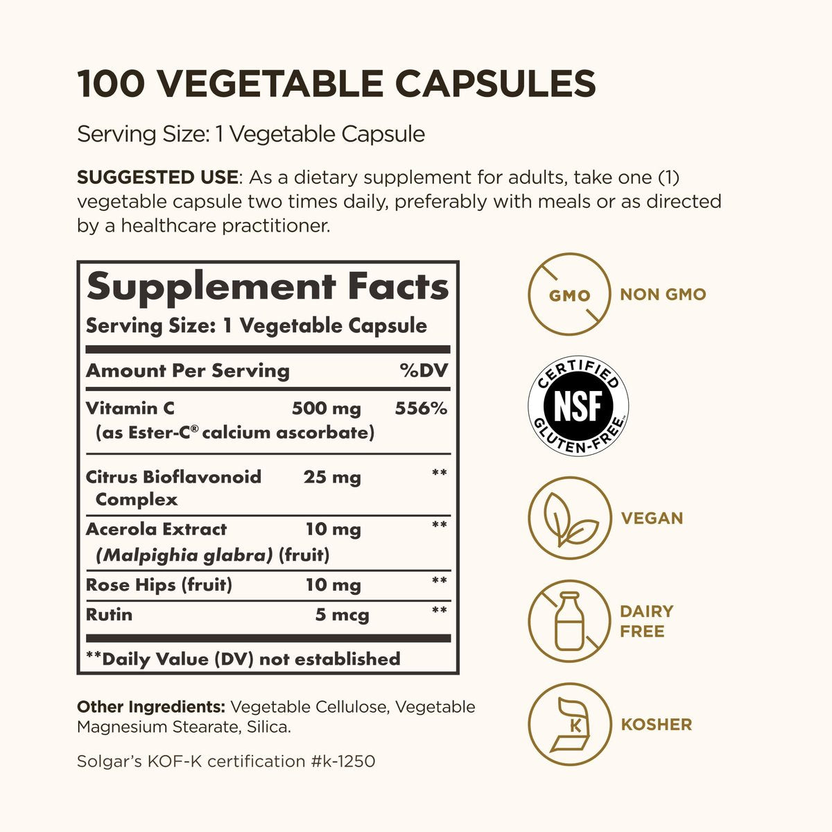 Solgar Ester-C Plus 500 mg Vitamin C (Ascorbate Complex), 100 Vegetable Capsules - Gentle & Non Acidic - Antioxidant & Immune Support - Non GMO, Vegan, Gluten-Free, Kosher - 100 Servings - görsel 4